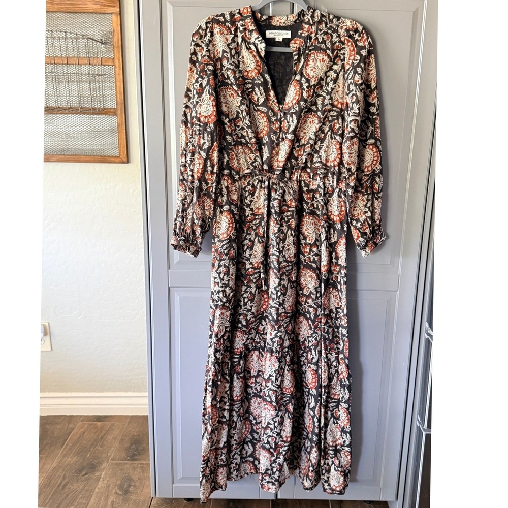 Emerson Fry India Collection Thalia Floral Organic Maxi Dress,Black Orange,M